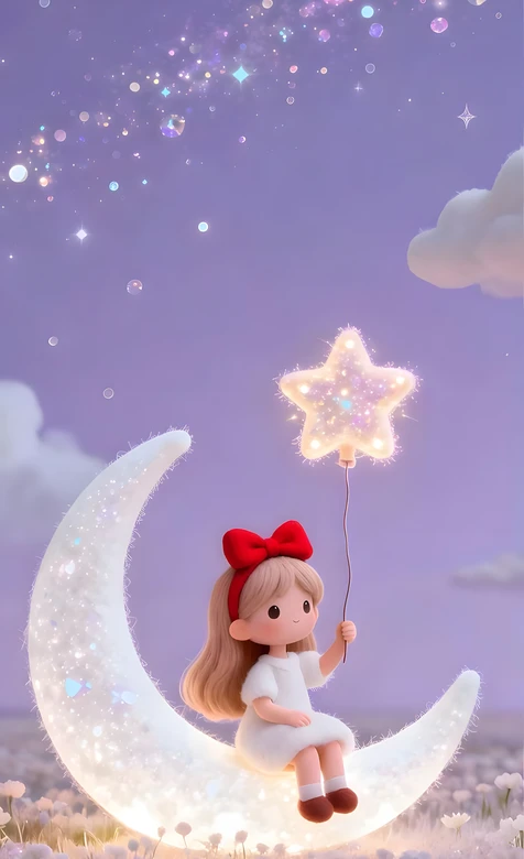 卡通少女·红蝴蝶结坐发光月亮 星星气球梦幻花海手机壁纸