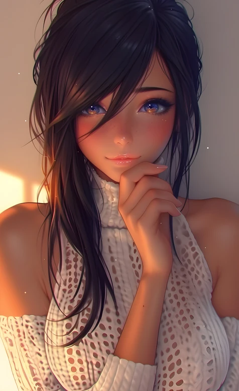 二次元唯美光影少女·露肩针织衫原创插画手机壁纸