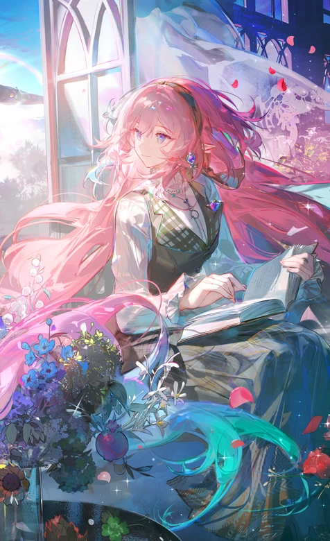 粉色长发少女·花境读书 唯美二次元插画 高人气手机壁纸