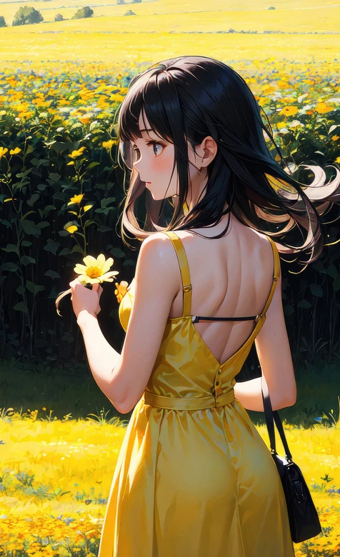 二次元黑发少女·黄裙风动发丝 唯美手机壁纸