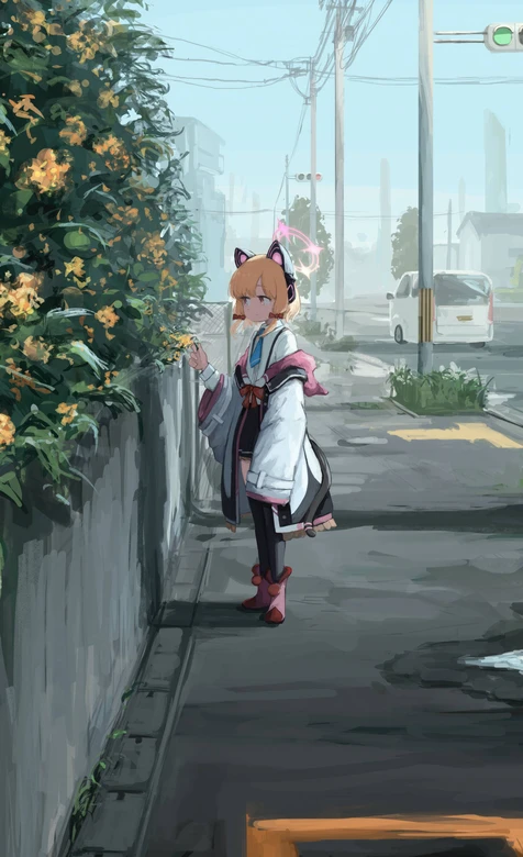 猫耳和风少女·日系清新城市街道 二次元治愈手机壁纸