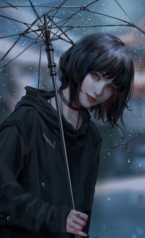 暗黑写实风红瞳短发少女·雨夜撑伞 原创插画壁纸