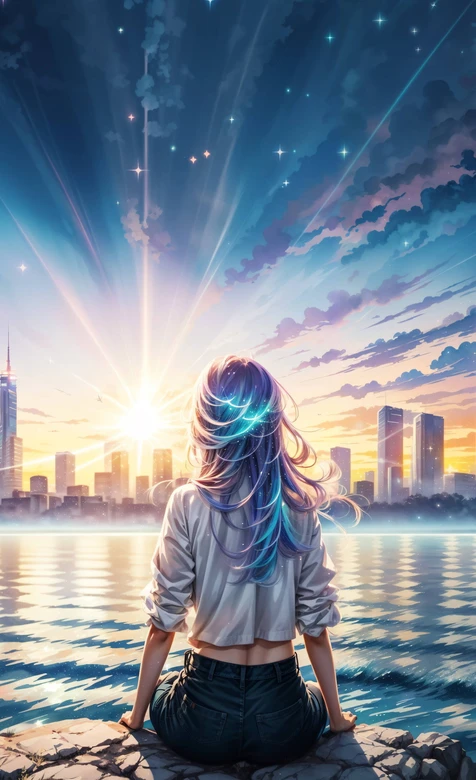 背影少女·星光渐变发 二次元唯美城市日落湖畔 高热度壁纸