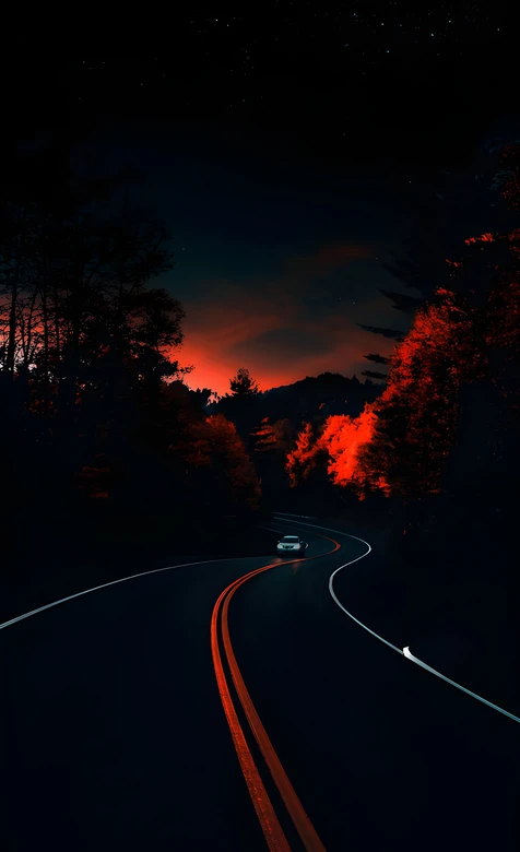 暗夜林间公路驰行·暗黑氛围感公路夜景手机壁纸