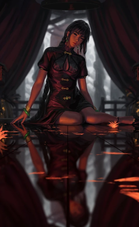 暗黑国风旗袍女子·复古盘扣 原创插画热门手机壁纸