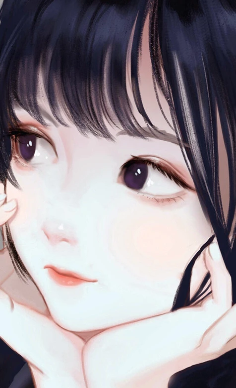 手绘少女·紫眸黑发托腮 唯美写实风高人气壁纸