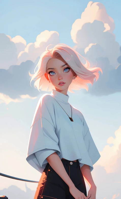 白发蓝眼少女·二次元清新风 晴空天台唯美壁纸