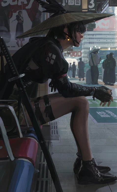 赛博国风武士少女·斗笠佩刀 都市车站候车 高质感手机壁纸