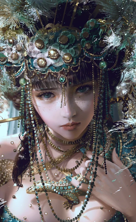 国风华丽饰装女子·绿金古风插画 热门手机壁纸