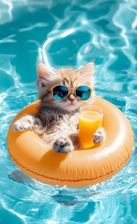 度假小猫·墨镜泳圈橙汁·清新治愈 夏日清凉宠物手机壁纸