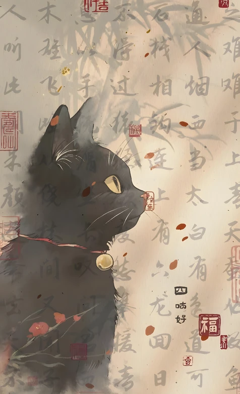 国风水墨黑猫（铃铛）·书法印章 古风手机壁纸