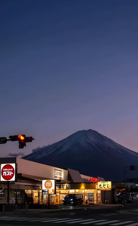 富士山下街道夜景·唯美日系风·静谧黄昏手机壁纸