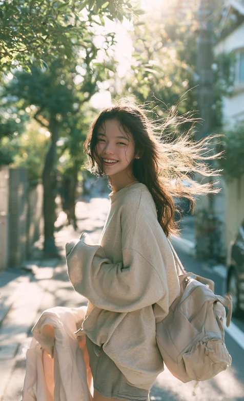 笑容治愈日系女孩·街道暖光风拂发丝 治愈系手机壁纸