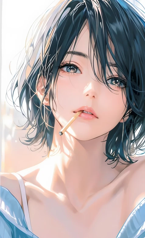 二次元唯美短发蓝发少女·慵懒气质 原创插画手机壁纸（清新治愈手机壁纸）