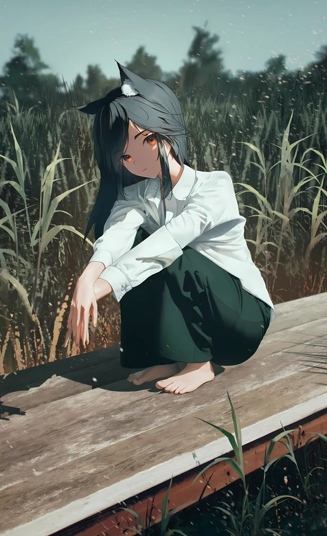 猫耳少女·白衣绿裤 二次元唯美风手机壁纸