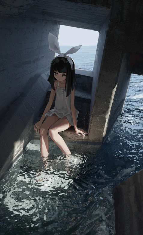 兔耳发箍少女·白裙·海边混凝土水台 二次元写实手机壁纸