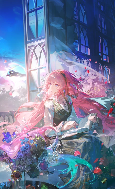 粉发精灵耳少女·唯美二次元 古堡花丛读书 梦幻手机壁纸