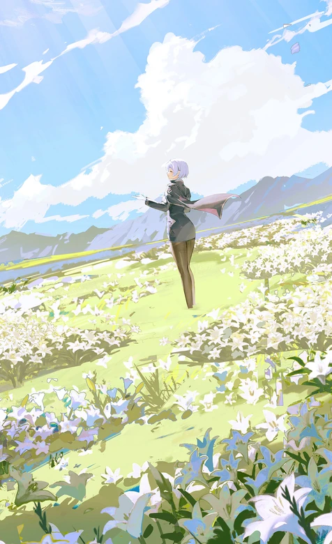 银发少女·花海晴空 二次元唯美动漫场景壁纸