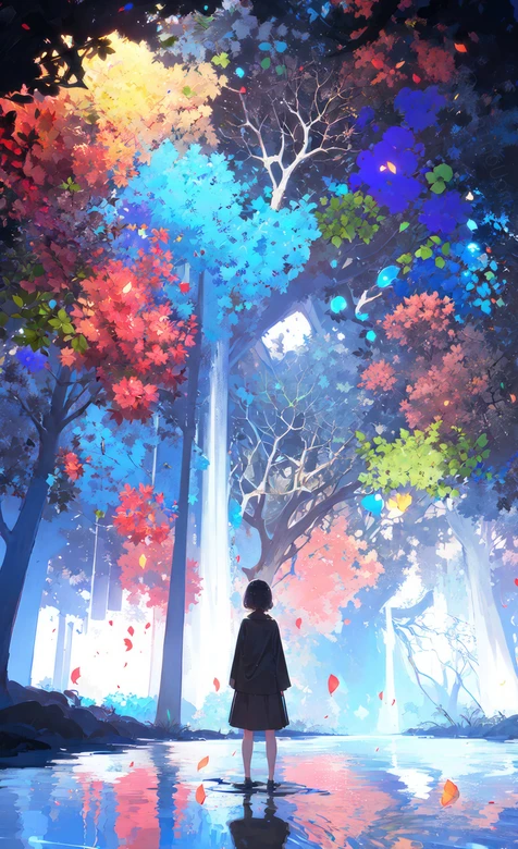 缤纷森林水影少女背影·二次元梦幻唯美插画 治愈系手机壁纸