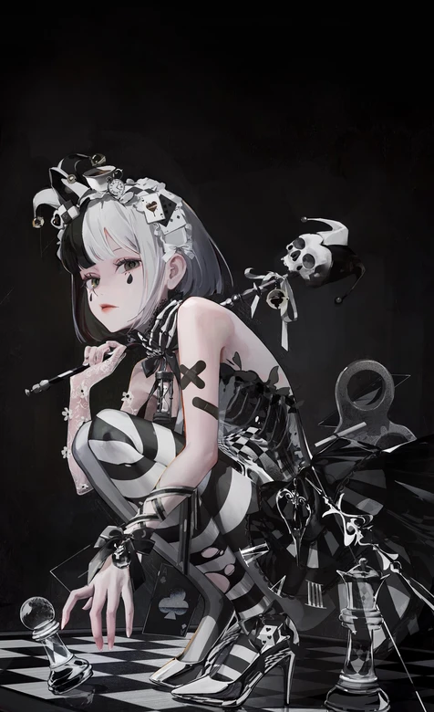暗黑小丑少女·棋盘沙漏元素 二次元暗黑插画手机壁纸