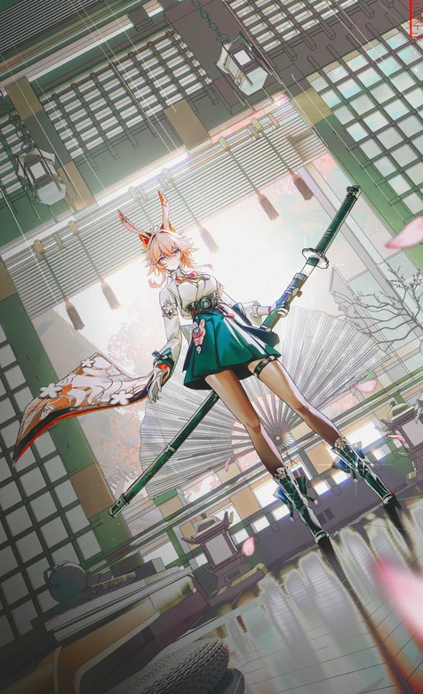 兔耳女武士·佩刀绿裙 国风二次元日式庭院 高热度壁纸