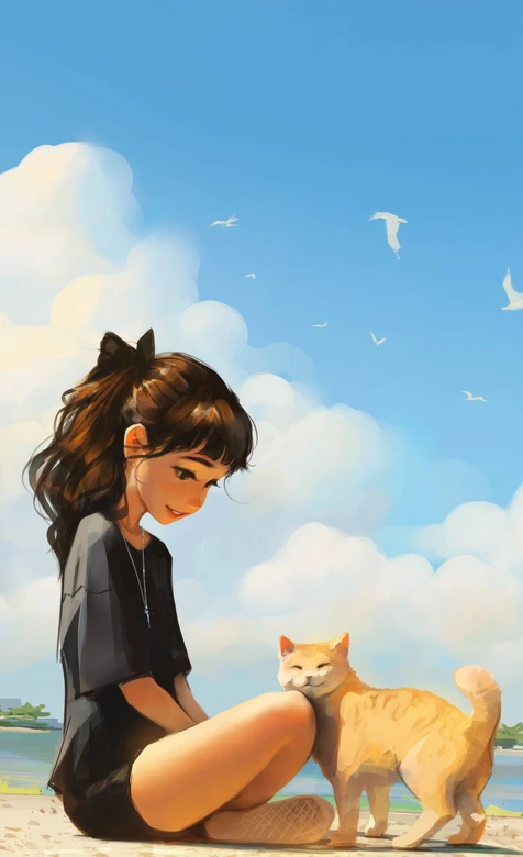 少女与橘猫·唯美治愈插画风 海边夏日手机壁纸