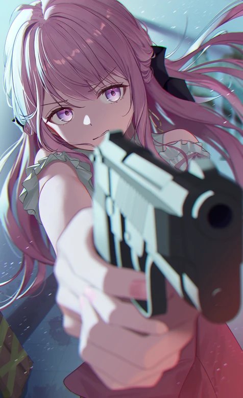 二次元唯美粉发紫眸持枪少女·动漫风手机壁纸