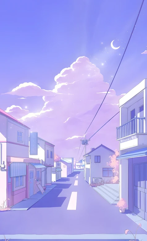 二次元唯美日系小镇街道（Honey果酱插画） 粉紫治愈手机壁纸