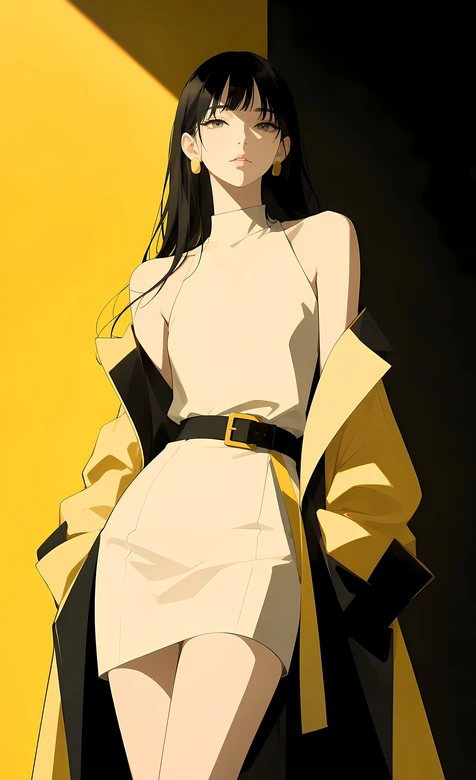 二次元时尚女性·黄黑撞色极简风 轻奢手机壁纸