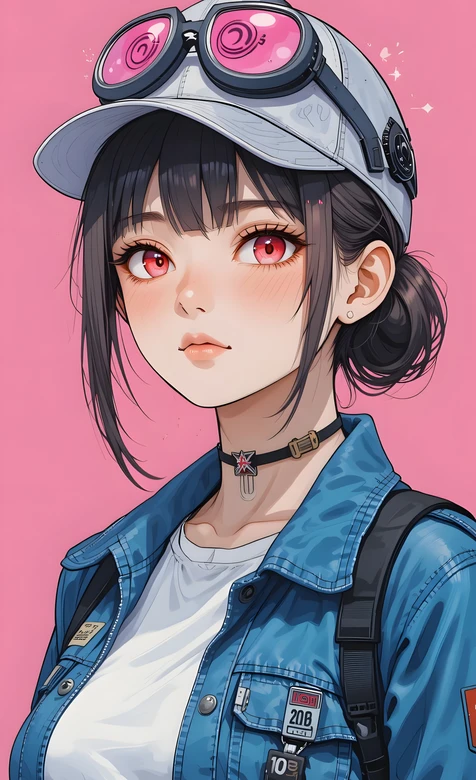 二次元原创插画女孩·粉瞳护目镜牛仔风 潮流手机壁纸推荐
