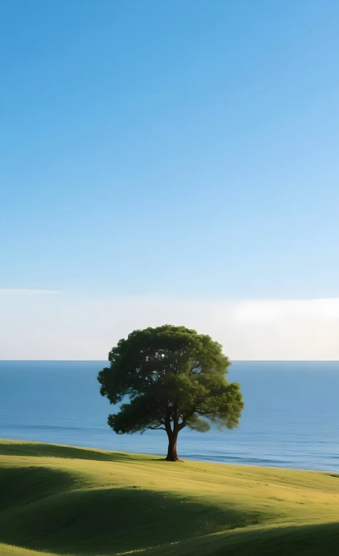 海岸草坡孤树·唯美清新 治愈系自然风景手机壁纸