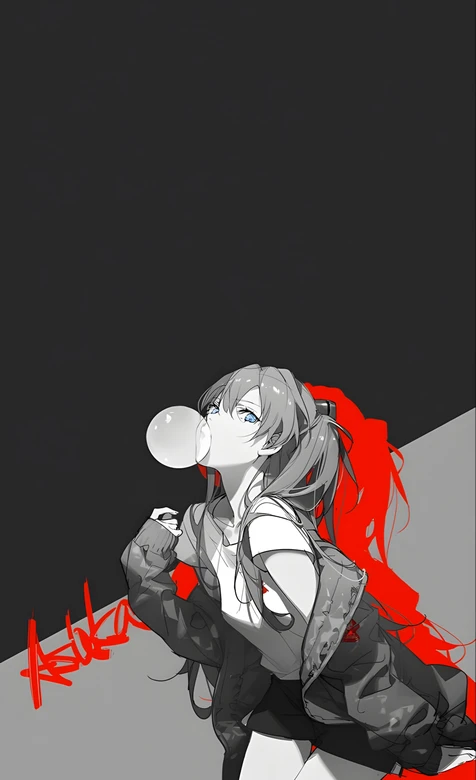 惣流明日香·吹泡泡·暗黑撞色 EVA二次元手机壁纸