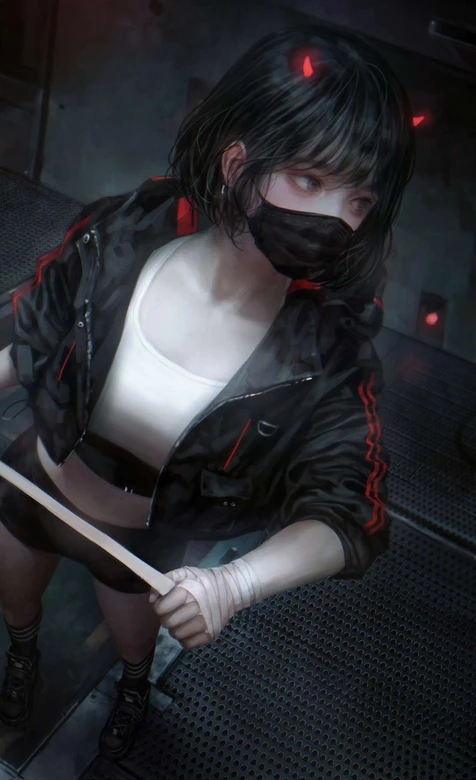 暗黑赛博风少女·红纹夹克绷带手 高质感暗黑系手机壁纸