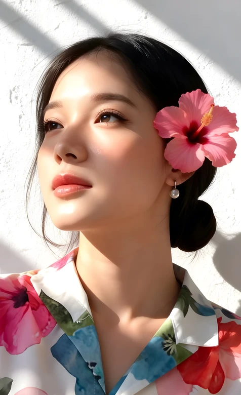 气质女性·扶桑花点缀·唯美花衬衫风 高清手机壁纸