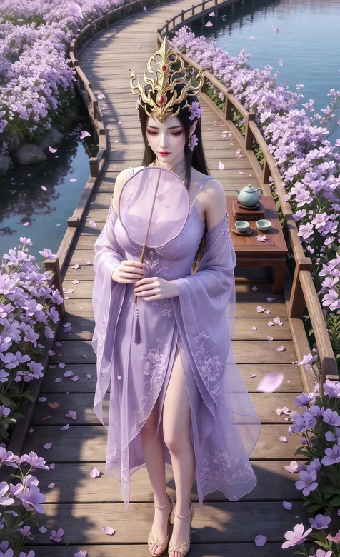 美杜莎·紫裙团扇 国风花桥茶席 唯美古风壁纸