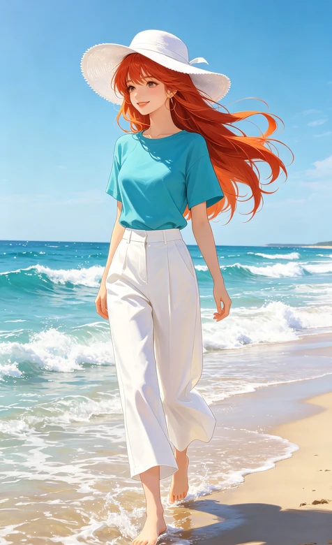 红发少女·白帽宽裤 二次元唯美夏日海边漫步手机壁纸
