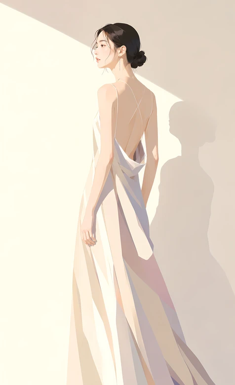 气质女性·露背长裙 唯美插画风 原创插画 高级感手机桌面背景