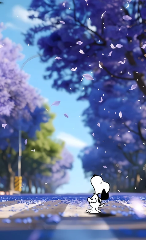 史努比·仰望花瓣 蓝花楹街道唯美动漫风 治愈系壁纸