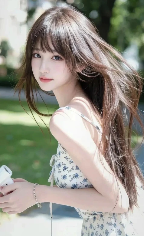 长发少女·碎花吊带裙 唯美清新户外 夏日治愈壁纸