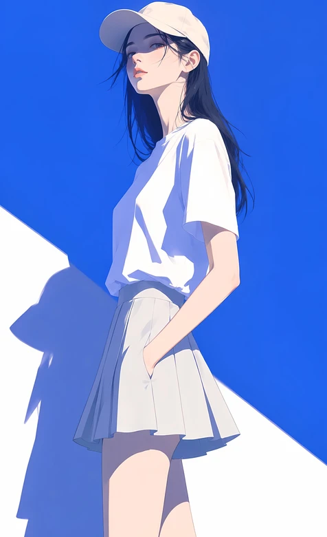 清新少女·白帽白T百褶裙 唯美手机壁纸