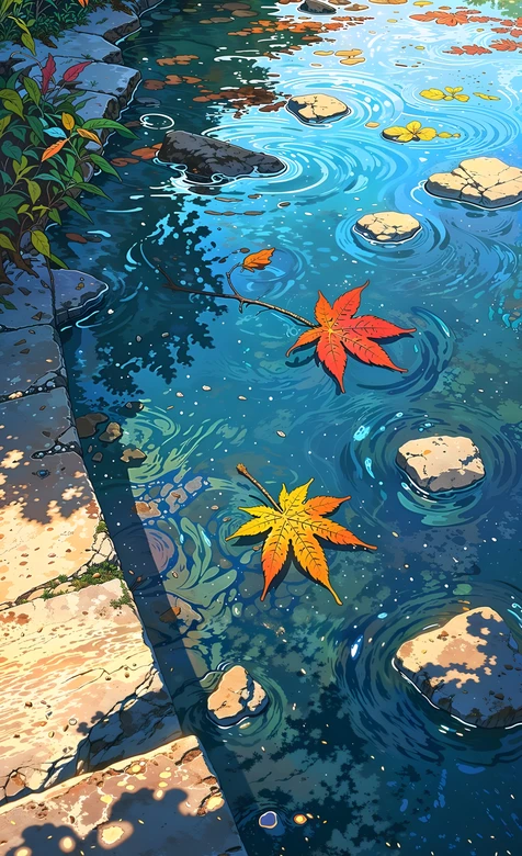 清澈池塘落叶石径·国漫唯美风·秋季治愈手机壁纸