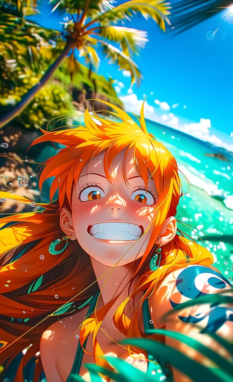 娜美·海滨活力笑颜 二次元动漫海贼王 热带海岛壁纸