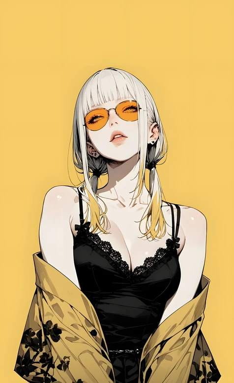 插画风白发橙镜双马尾女孩 黑裙黄花外套手机壁纸