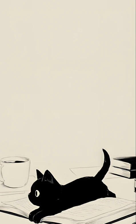 黑猫咪趴在书本 简约黑白插画风 文艺书桌手机壁纸
