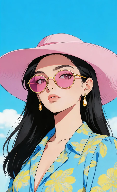 时尚女性·粉帽粉镜蓝花衫·国漫插画夏日清新手机壁纸