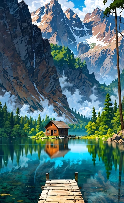 山湖木屋倒影·唯美治愈系山间湖泊手机壁纸