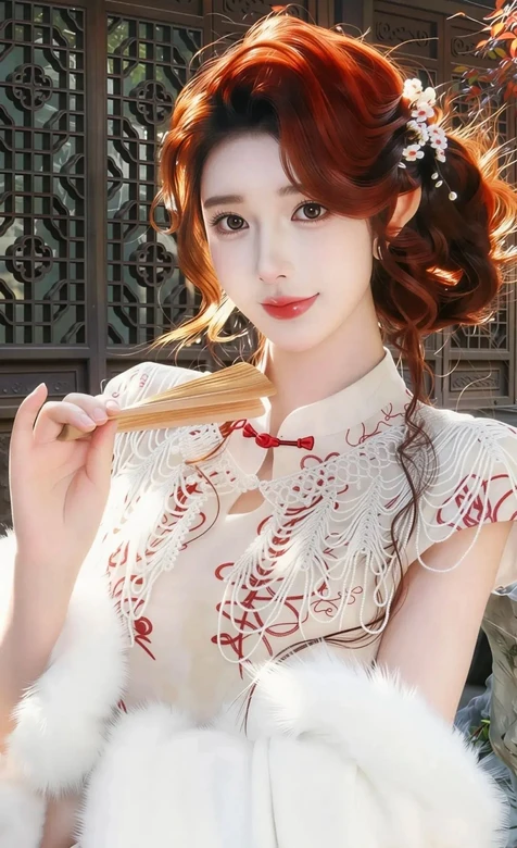 红发性感国风美女·持折扇中式旗袍 唯美古风手机壁纸