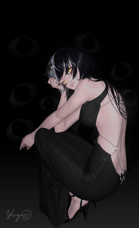 黑灰发黄瞳少女·暗黑风原创插画 小众手机壁纸
