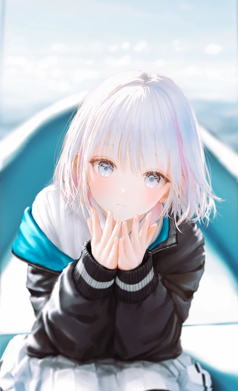 白发粉调二次元少女·蓝眸捧脸 日系清新治愈手机壁纸