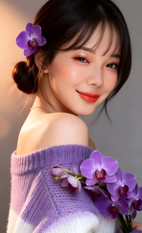 唯美写真·持紫兰的露肩毛衣少女 高人气手机壁纸